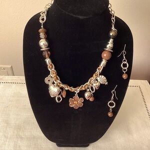 Brown and Smoky Topaz Acrylic Silver Tone Necklace and Earrings Set